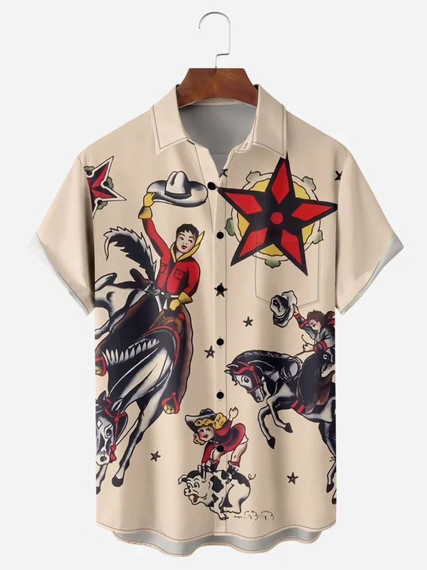 Fydude Men'S Western Cowboy Vintage Print Shirt