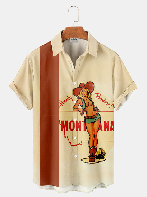 Fydude Men'S Western Pin-Up Girl Cowboy Howdy Pardner! Vintage Print Shirt