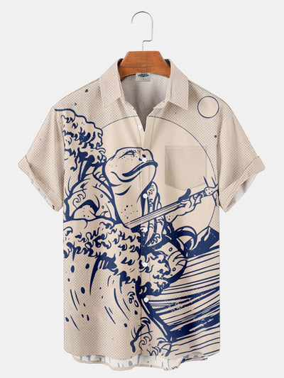Fydude Men'S Ukiyoe waves and musical frogs Printed Shirt