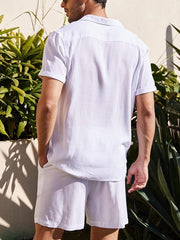 Fydude Short Sleeve Shorts Set Linen Loose Solid Color Shirt Set