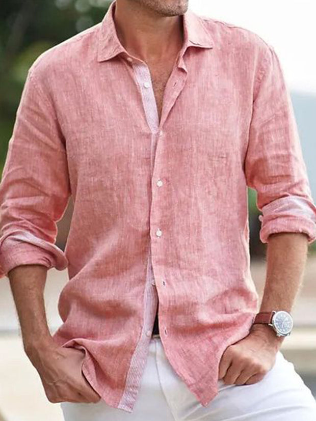 Fydude Men'S Pink Plain Color Movie Same Style Cotton Linen Shirt