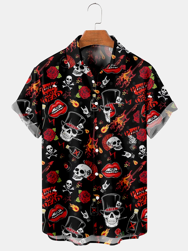 Fydude Men's Halloween Skull Casual Print Shirt