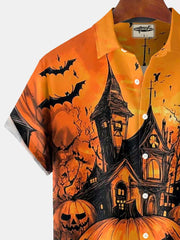 Vintage Halloween Pumpkin Castle Print Men's Button Pocket Long Sleeve Lapel Shirt Big & Tall