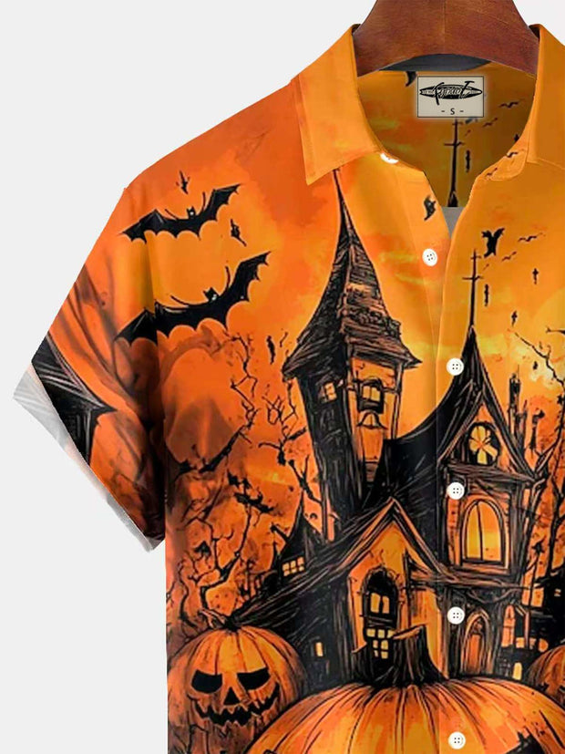 Vintage Halloween Pumpkin Castle Print Men's Button Pocket Long Sleeve Lapel Shirt Big & Tall