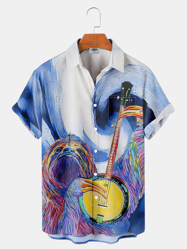 Fydude Men'S Three-Toed Sloth And Music Art Printed Shirt