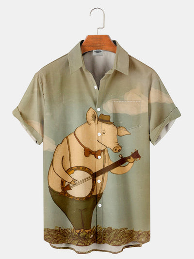 Fydude Men'S Pig And Music Printed Shirt