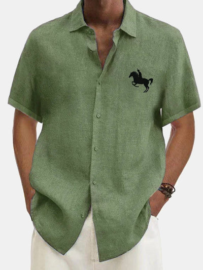 Fydude Men's Solid Color Cowboy Equestrian Print Cotton Linen Shirt
