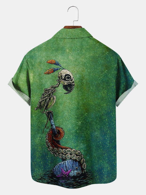 Fydude Men'S Halloween Day Of The Dead Octopus And Skeleton Parrot Printed Shirt