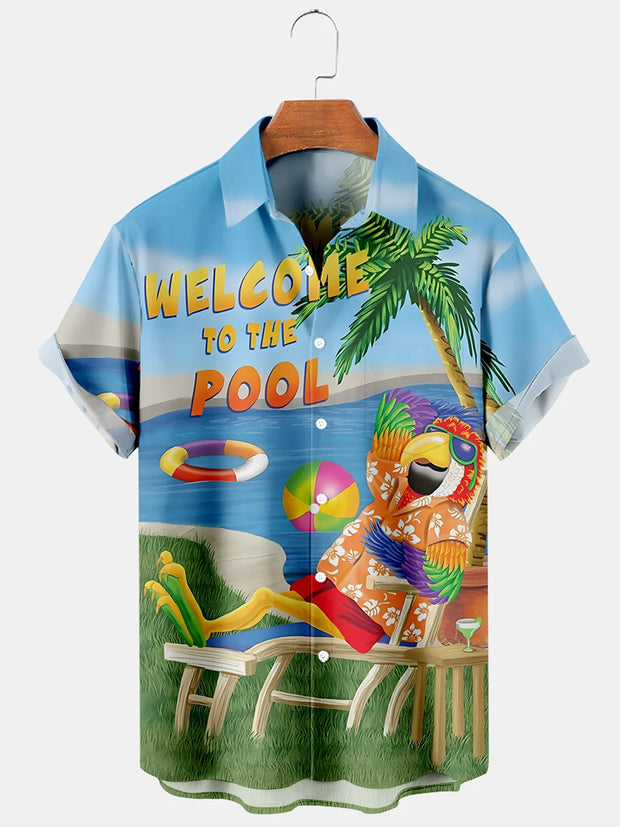 Fydude Men'S WELCOME TO THE POOL Vacation Parrot Printed Shirt