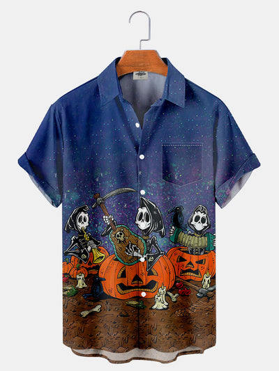 Fydude Men'S Day Of The Dead Halloween Pumpkins And Grim Reaper Skulls Printed Shirt