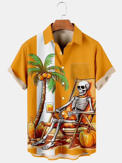 Fydude Men'S Halloween Skeleton On A Beach Chair Printed Shirt