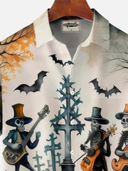 Retro Halloween Skull Pumpkin Print Men's Button Pocket Short Sleeve Shirt Big & Tall