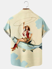Fydude Men'S Western Cowgirl And Fish Printed Shirt