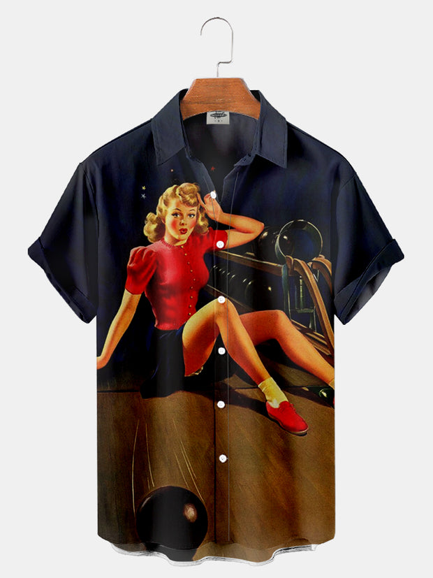 Fydude Men's Vintage Bowling Printed Shirt