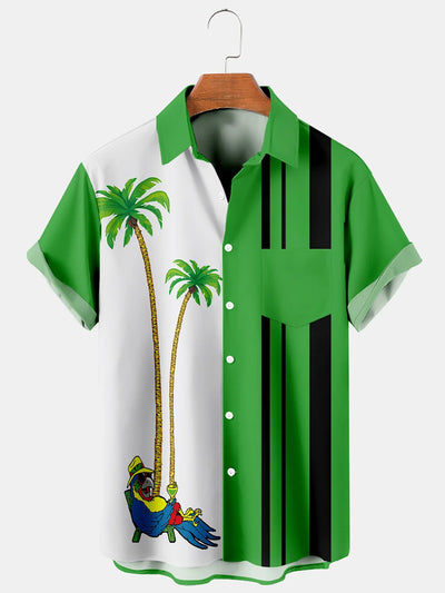 Fydude Men'S Parrot Under Coconut Tree With Cocktail Printed Shirt