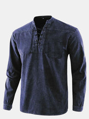 Fydude Men'S Solid Color Long Sleeve Tie Vintage Stand Collar Shirt