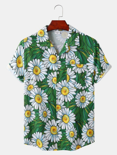 Fydude Daisy Chest Pocket Short Sleeve Hawaiian Shirt
