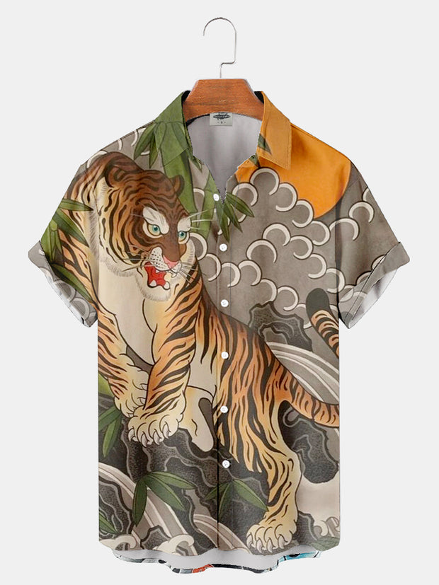 Fydude Men's ukiyo-e oriental tiger print shirt