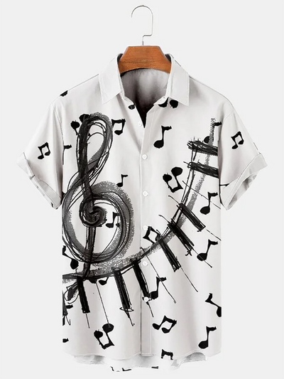 Fydude Men's holiday casual music element pattern Hawaiian style printed shirt top