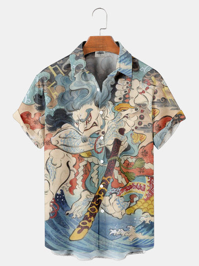 Fydude Men'S Ukiyo-E Wave Samurai Sword Printed Shirt