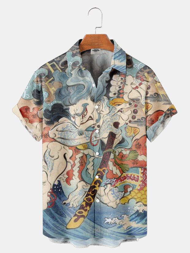 Fydude Men'S Ukiyo-E Wave Samurai Sword Printed Shirt