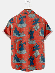 Fydude Men'S Hawaii Island Skull Dance and Surf Printed Shirt