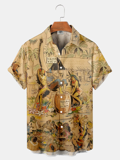 Fydude Men'S Hawaii Beach Hula Girl Vintage Printed Shirt