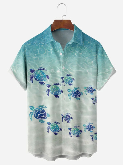 Fydude Men'S Casual Gradient Sea Turtle Printed Shirt