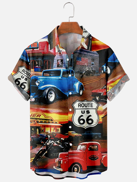 Men'S ROUTE US 66 Car Printed Short Sleeve Shirt – Fydude