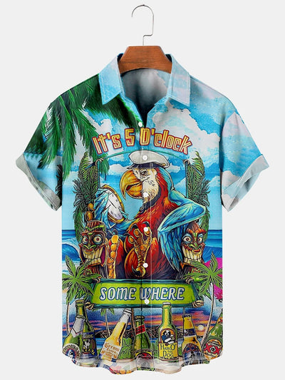 Fydude Men'S It's 5 O'clock Somewhere Parrot Printed Shirt