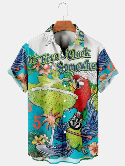 Fydude Men'S It's 5 O'clock Somewhere Parrot Printed Shirt