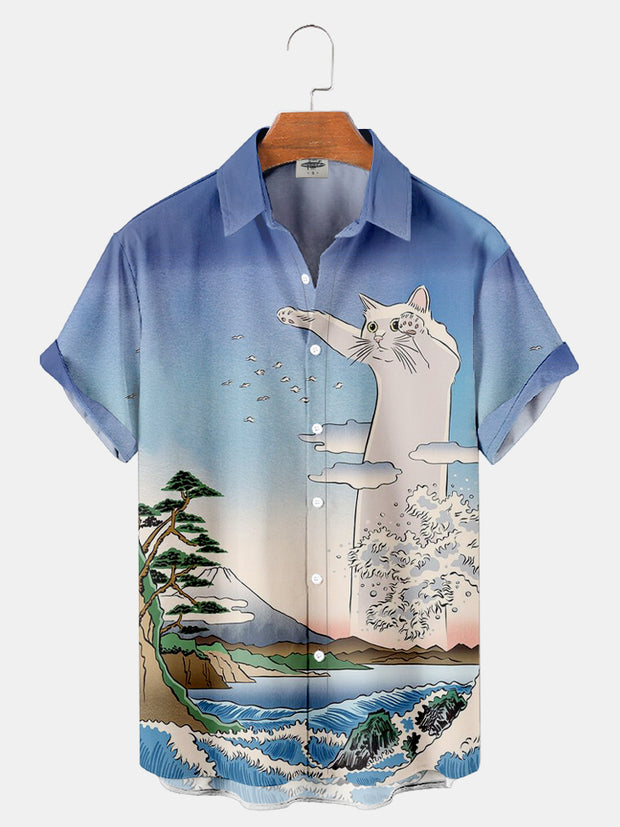 Fydude Men'S Ukiyo-E Wave And Cat Printed Shirt