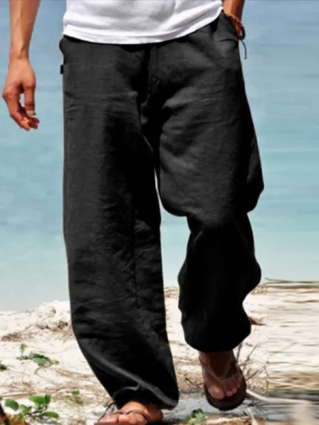 Fydude Men's Linen Elastic Waist Breathable Elastic Foot Casual Pants