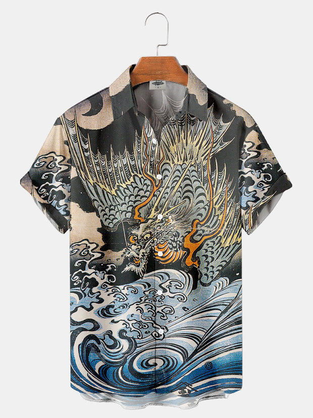Fydude Men'S Ukiyo-E Waves And Dragons Printed Shirt
