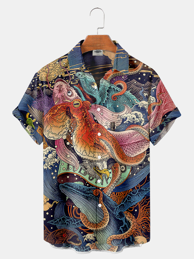 Mens Ukiyo-E Octopus Sea Life Print Shirt