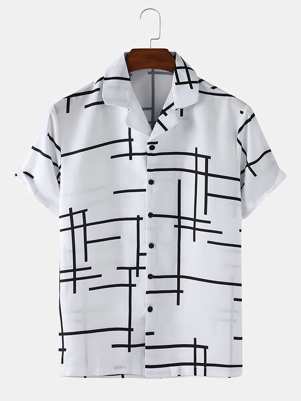 Mens Cotton Irregular Line Print Plain Loose Thin Short Sleeve Shirts