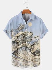 Fydude Men'S Ukiyo-E Ocean Waves And Sea Turtles Printed Shirt