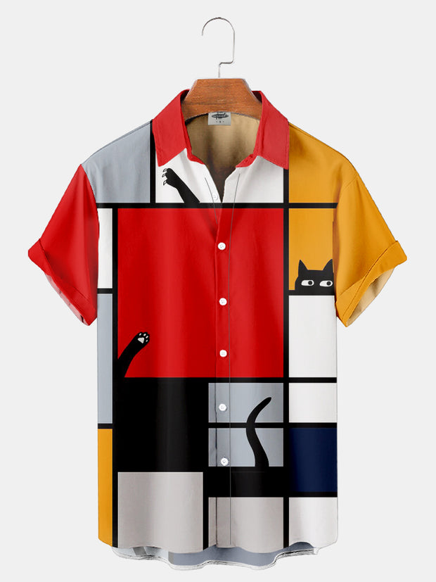 Fydude Men'S Mondrian Art And CatPrinted Shirt