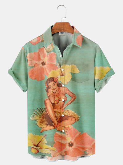 Fydude Men'S Hawaiian Hula Girl Printed Shirt
