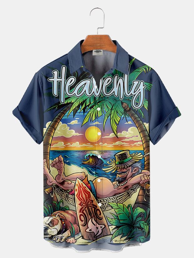 Fydude Men'S Casual Island Surf Printed Shirt