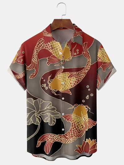 Fydude Japanese Koi Chest Pocket Short Sleeve Hawaiian Shirt