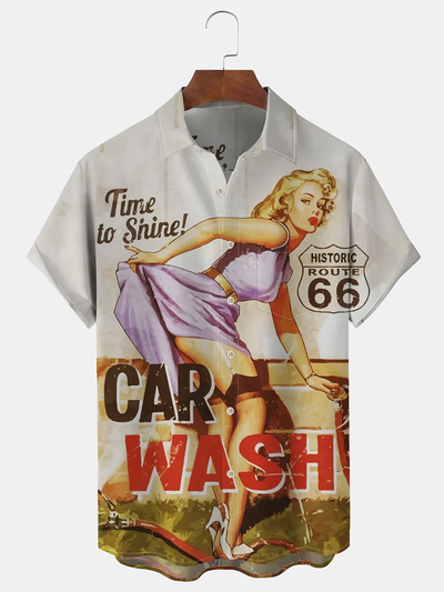 Fydude 60's Fun Vintage Car Poster Men's Hawaiian Shirt Casual Shirt