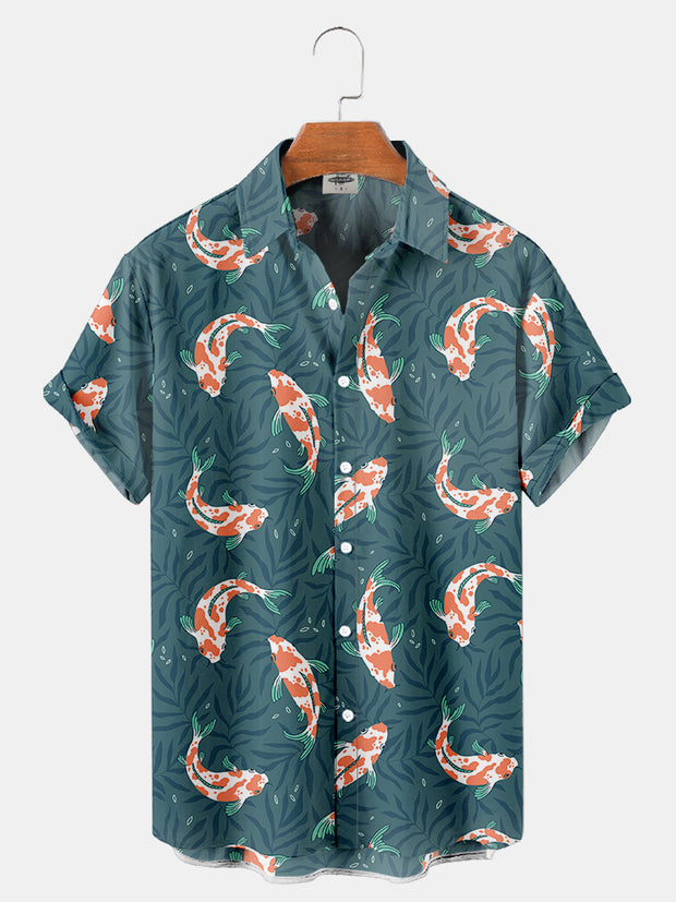 Men'S Leaves And Koi Print Shirt