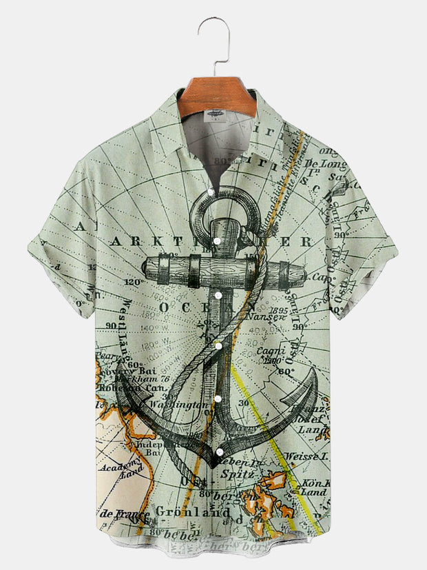 Fydude Men'S Boat Anchor Vintage Ocean Map Print Short-Sleeved Shirt