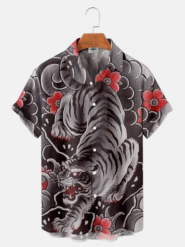 Fydude Men'S Ukiyo-E Tiger And Sakura Ocean Wave Printed Shirt