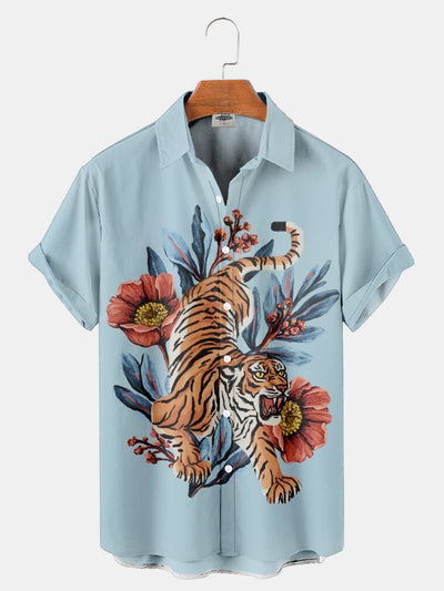 Fydude Men'S Ukiyoe Oriental Tiger Printed Shirt