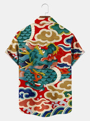 Men'S Ukiyo-E Oriental Dragon And Cloud Printed Shirt