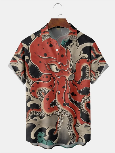 Fydude Men's Octopus Breast Pocket Short Sleeve Hawaiian Shirt