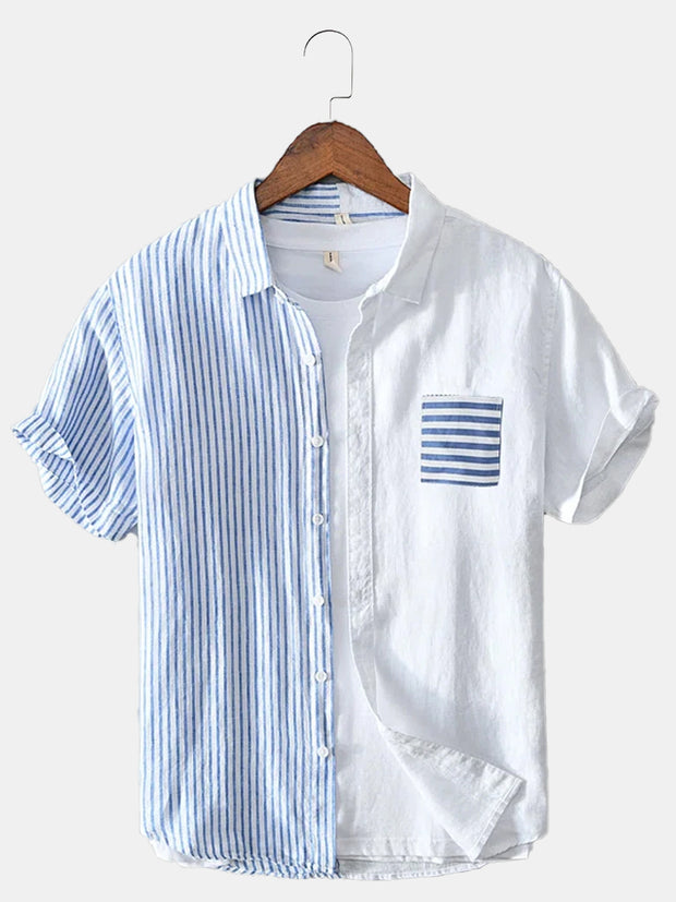 Men'S Stripe Splicing Short Sleeve Cotton Breathable Casual Loose Shirt