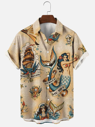 Fydude Men'S Vintage Mermaids Casual Breathable Hawaiian Print Shirt